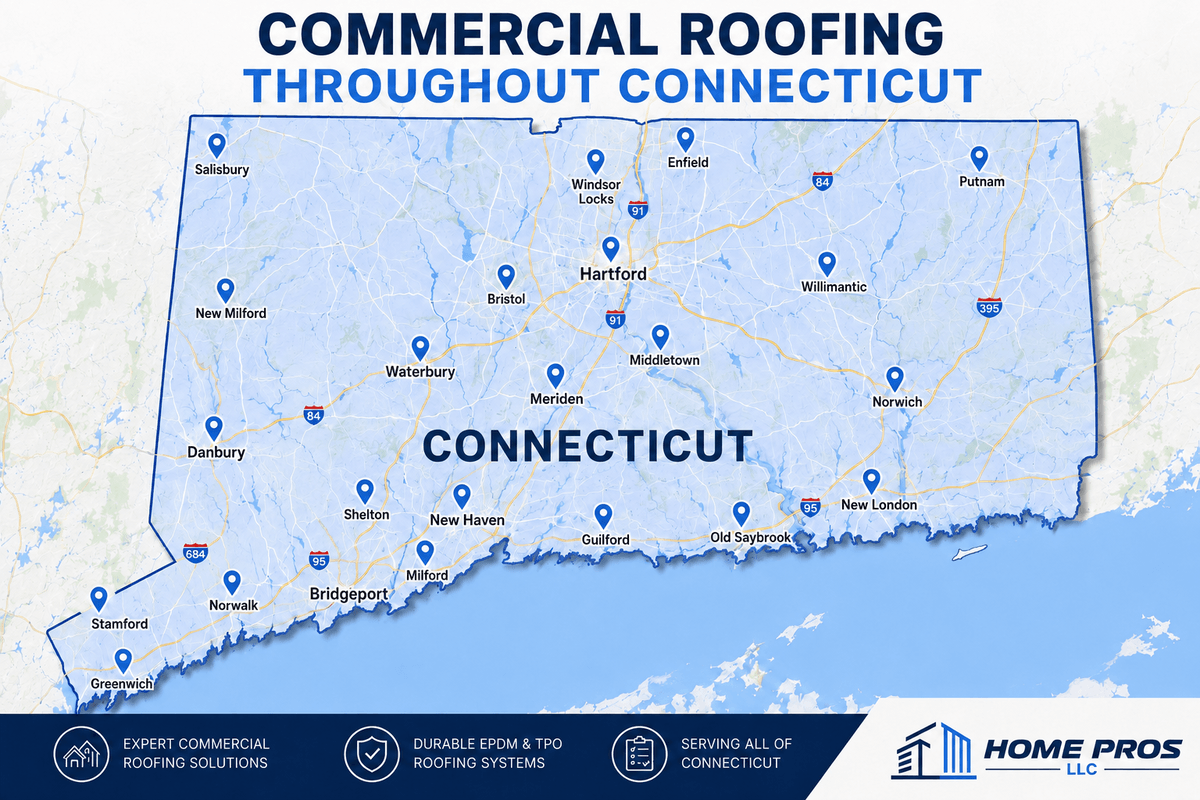 Commercial Roofing Throughout Connecticut service area map showing Home Pros LLC coverage for commercial roofing, EPDM roofing, TPO roofing, roof repairs, roof replacements, and roof inspections statewide.
